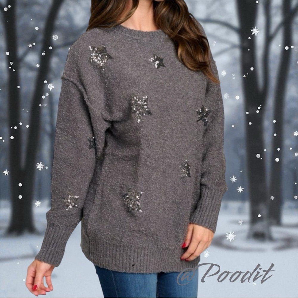 PEACH LOVE CALIFORNIA ever so soft sequin star charcoal sweater sz S M L - Picture 2 of 9